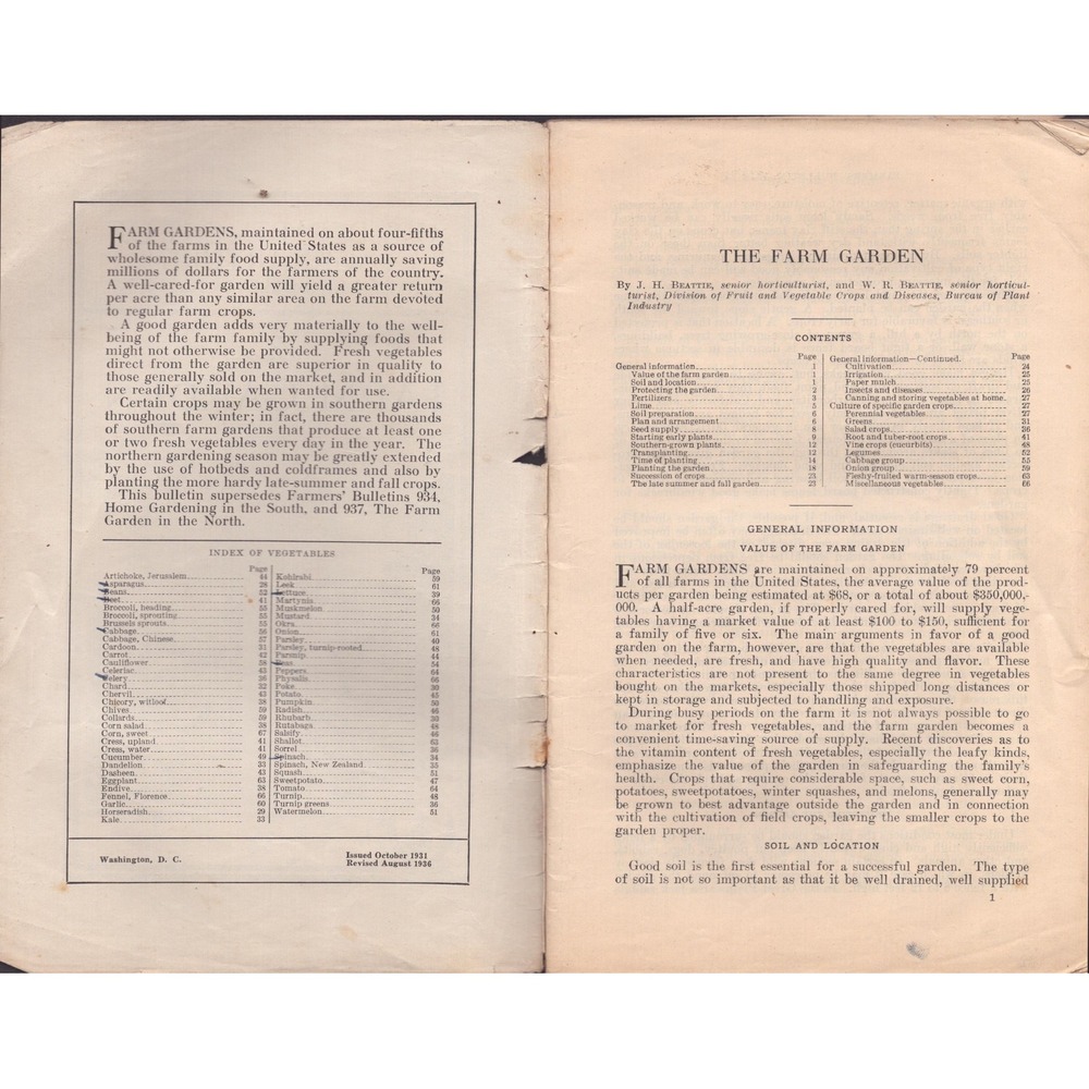 Vintage 1936 The Farm Garden USDA Farmers Bulletin No 1673 Agriculture Booklet - Picture 3 of 3